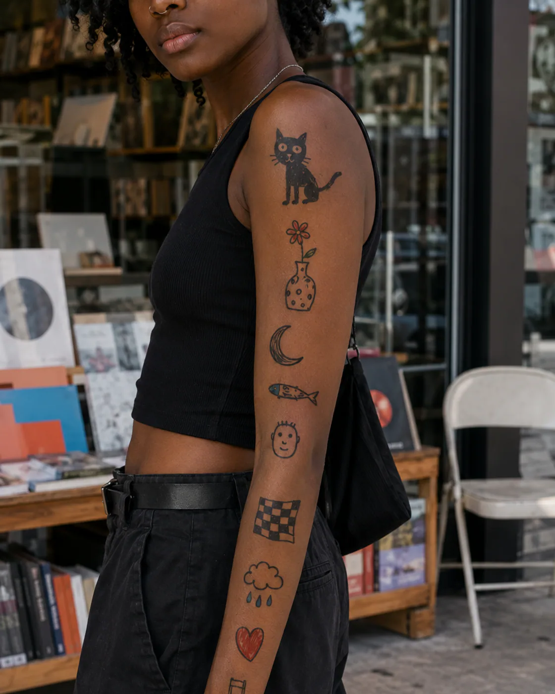 Ignorant-style patchwork sleeve tattoo with a scribbled cat, crooked crown, bent candle, lopsided heart, tiny ghost, and rough stars on deep skin