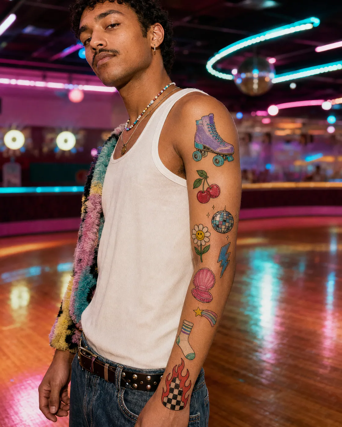 Bent-arm playful patchwork sleeve tattoo with a retro roller skate, cherries, disco ball, lightning bolt, daisy, and striped sock on brown skin