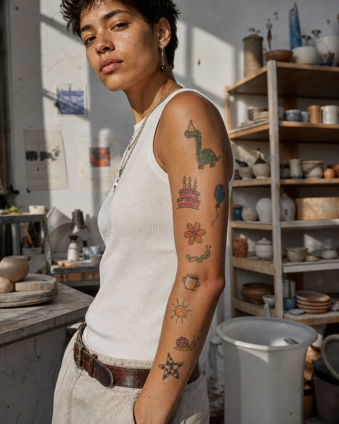 Ignorant-style patchwork sleeve tattoo with a party-hat dinosaur, slice of cake, balloon dog, tiny volcano, wobbly candle, and confetti on medium skin