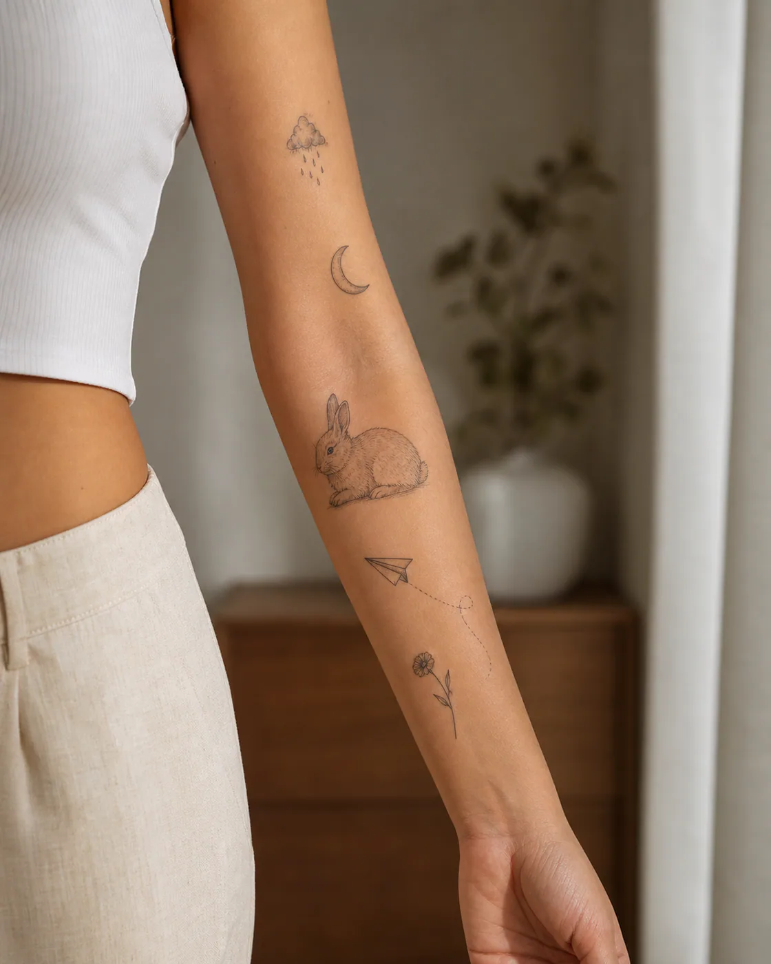 Minimal patchwork sleeve tattoo with a resting rabbit, small rain cloud, crescent, paper plane, single flower, and dotted trail on olive skin