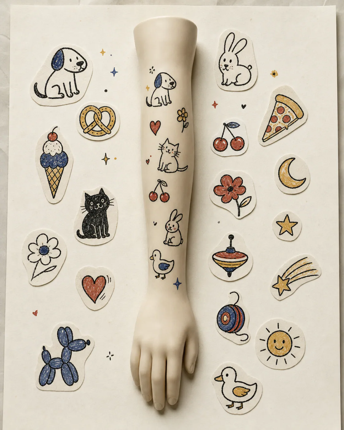 Patchwork sleeve tattoo layout board testing doodle animals, snack icons, wonky hearts, flowers, toys, and comic celestial symbols around an arm template
