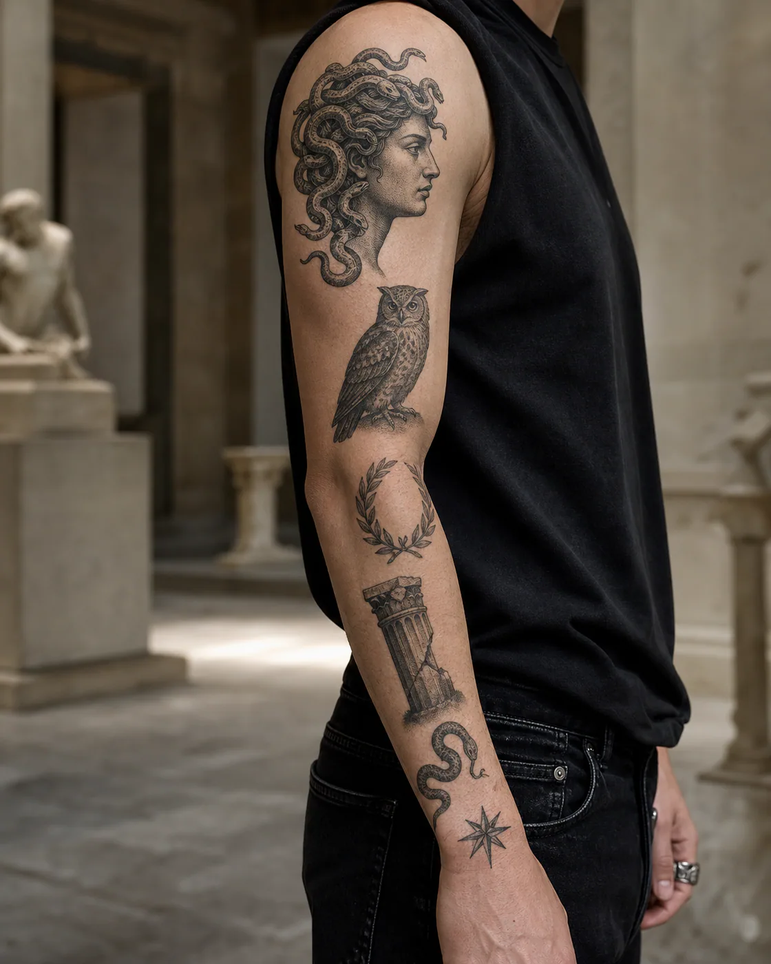 Illustrative patchwork sleeve tattoo with a Medusa profile, watchful owl, laurel crown, broken column, serpent, and dark star on light skin