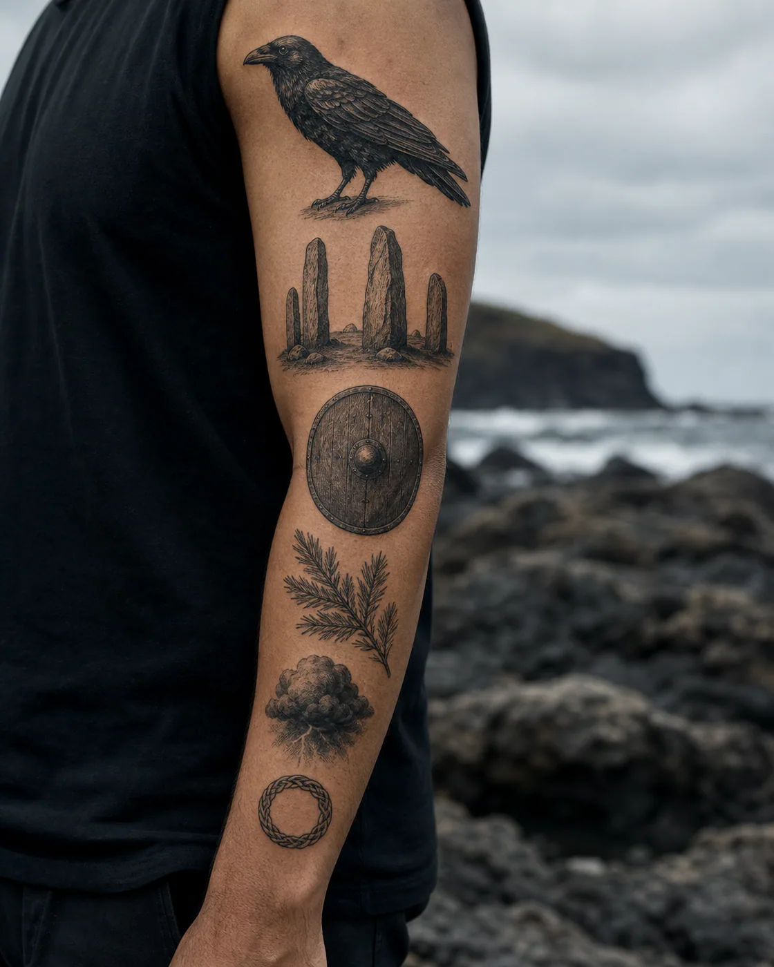 Engraving-style patchwork sleeve tattoo with a Norse raven, standing stones, weathered shield, pine branch, storm cloud, and knot motif on olive skin