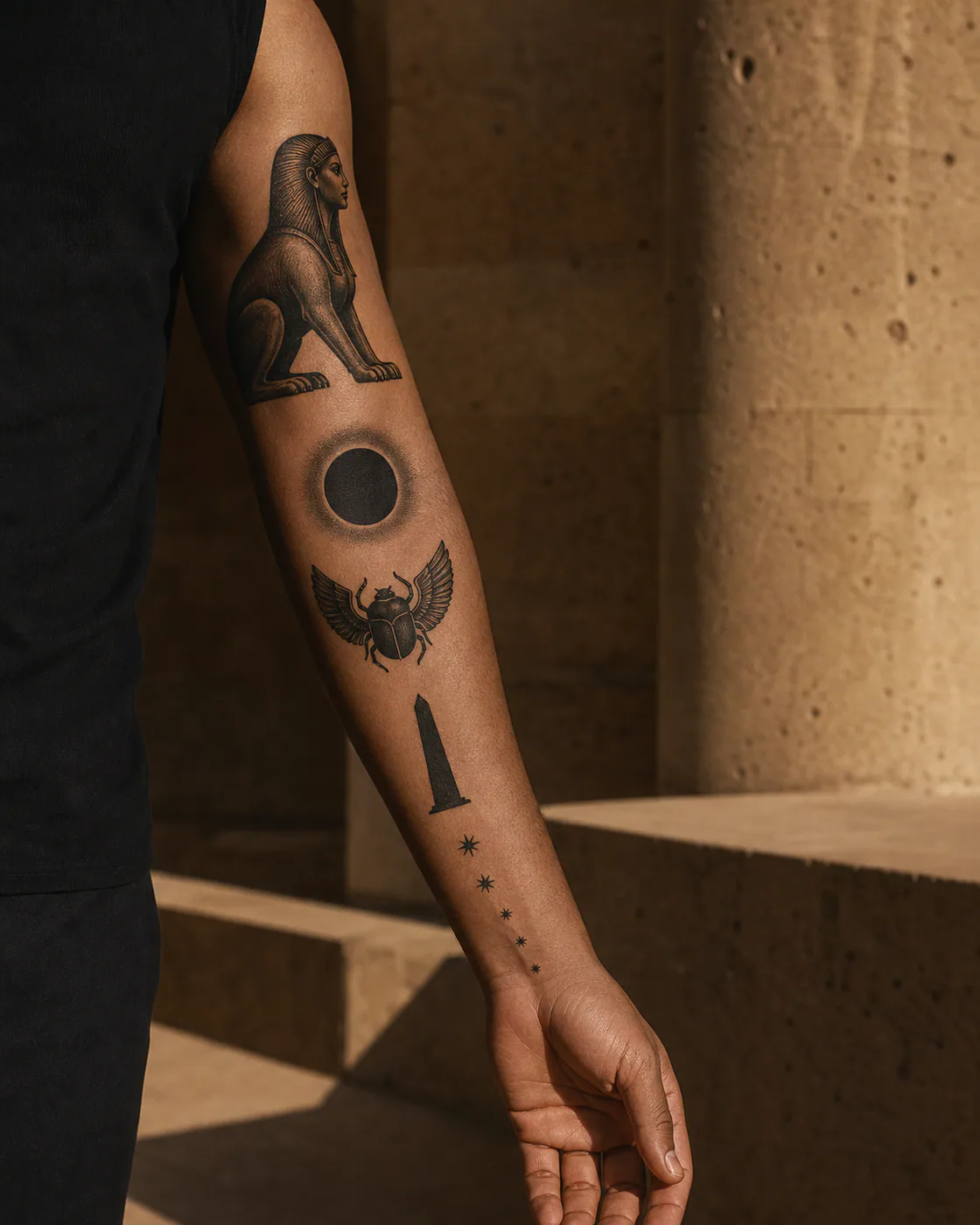 Blackwork patchwork sleeve tattoo with a seated sphinx, solar eclipse, winged scarab, obelisk silhouette, and desert stars tapering to the wrist on medium skin