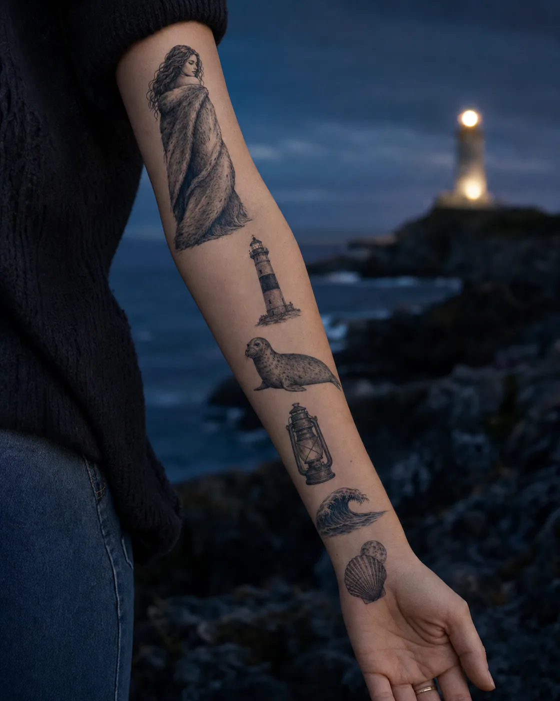 Illustrative patchwork sleeve tattoo with a selkie figure, lighthouse, seal, storm lantern, wave crest, and moonlit shell on light skin