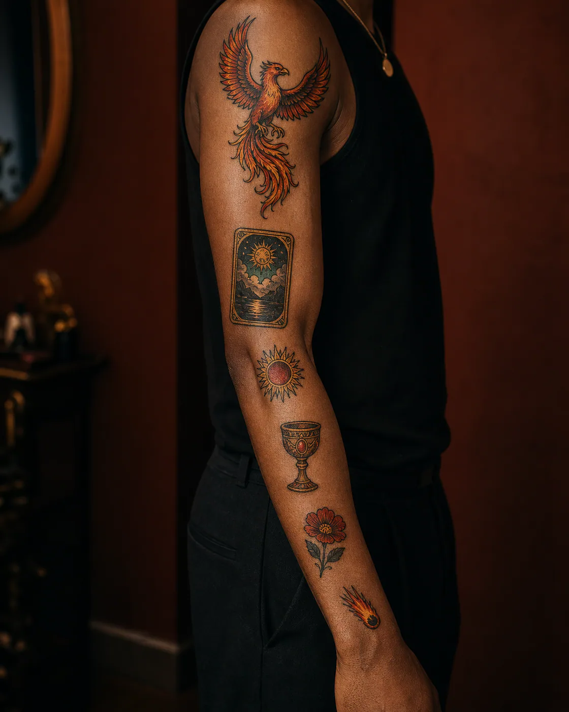 Neo-traditional patchwork sleeve tattoo with a fiery phoenix, symbolic picture card without text, sun disk, chalice, ember flower, and comet on deep skin