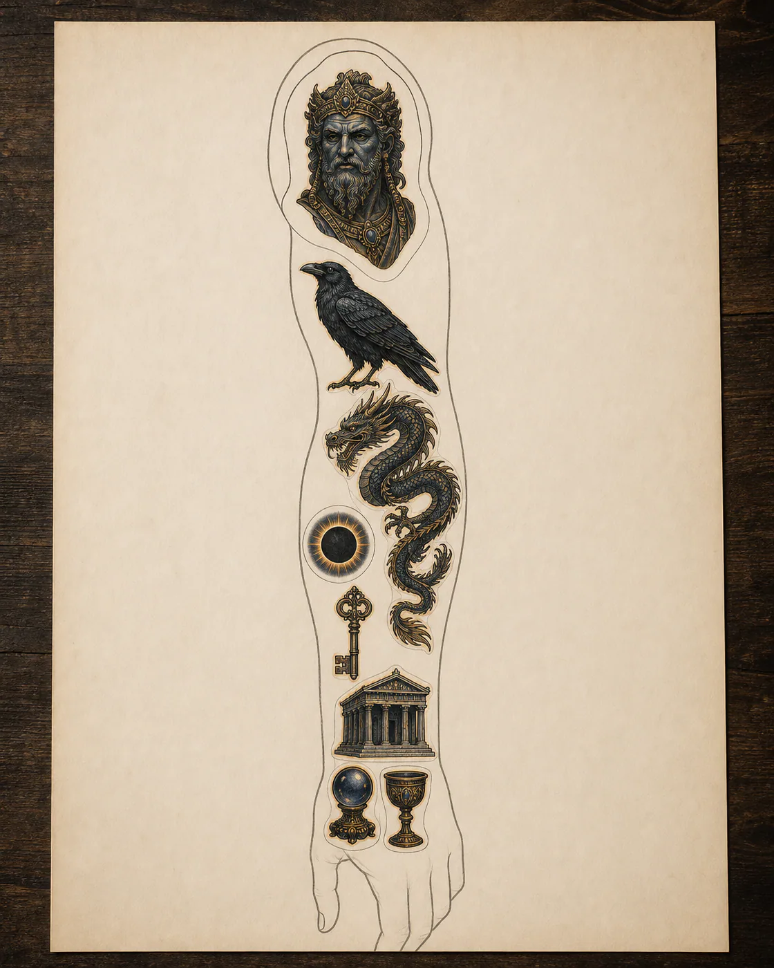 Patchwork sleeve tattoo layout board arranging deities, ravens, dragons, eclipses, keys, temples, and oracle objects around an arm narrative
