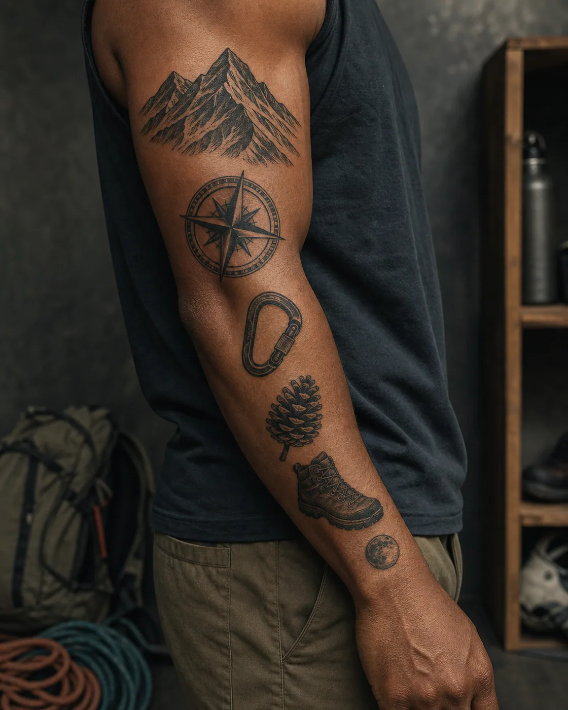 Blackwork patchwork sleeve tattoo with a mountain ridge, compass, climbing carabiner, pine cone, trail boot, and moon on deep skin