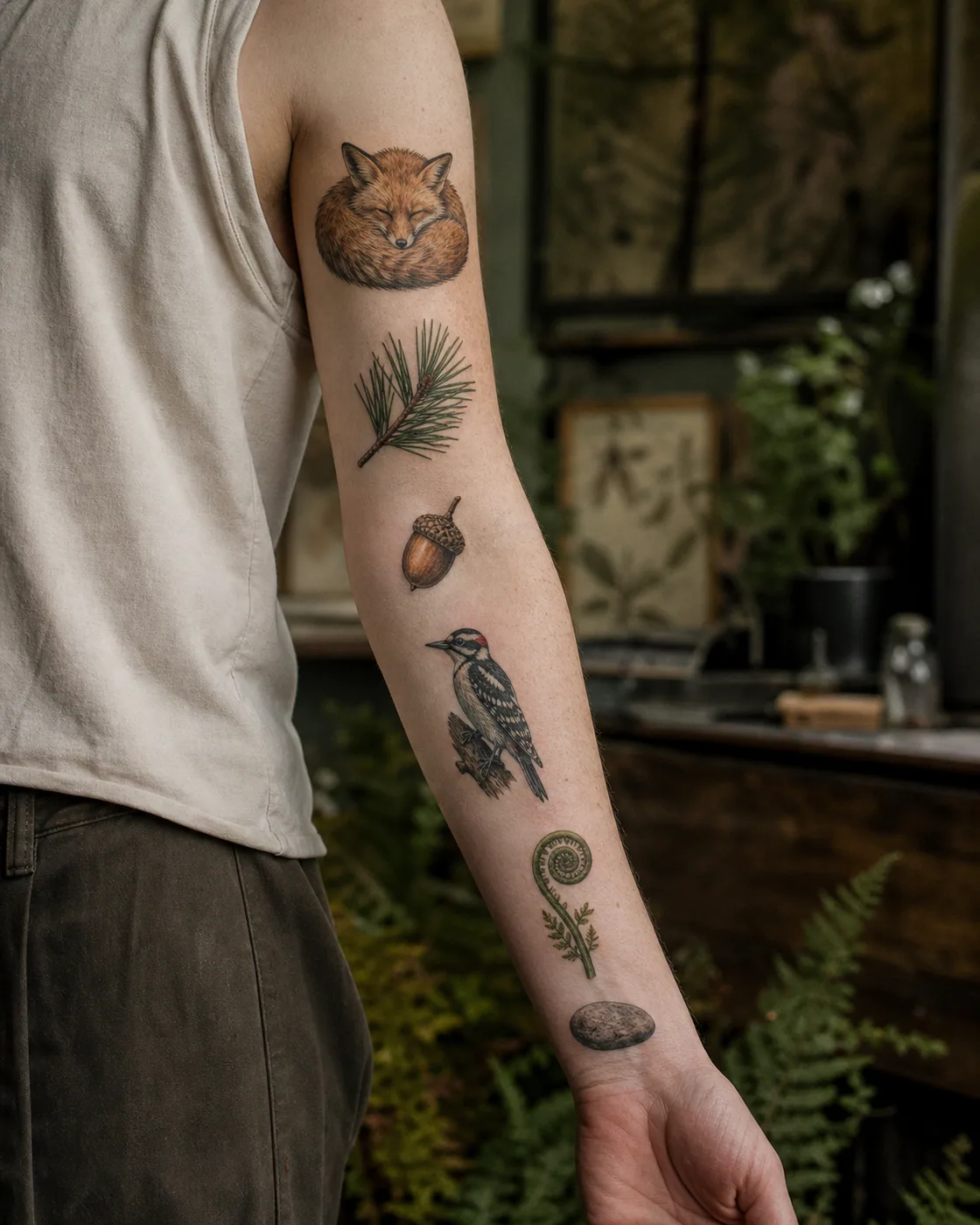 Nature patchwork sleeve tattoo with a curled fox, pine branch, acorn, woodpecker, fern fiddlehead, and creek stone on light skin