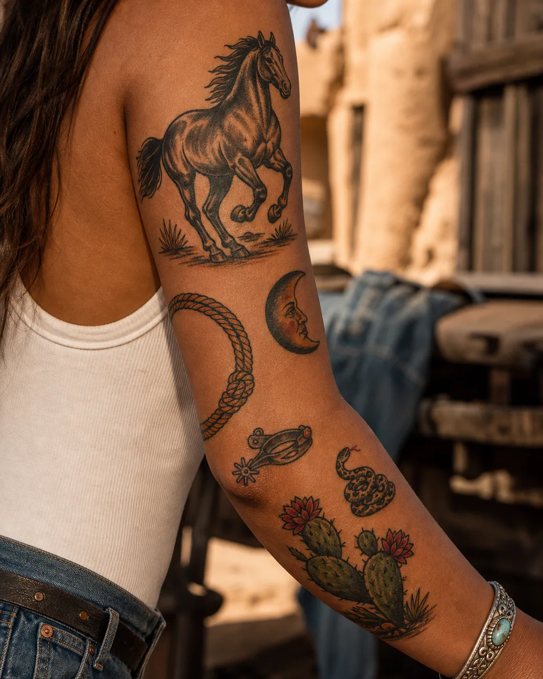 Bent-arm western patchwork sleeve tattoo with a running horse, flowering cactus, coiled rope, desert moon, spur, and small rattlesnake on brown skin