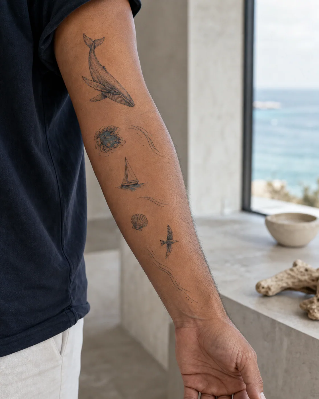 Fine-line patchwork sleeve tattoo with a diving whale, tide pool, sailboat, shell, seabird, and current lines tapering toward the wrist on medium skin
