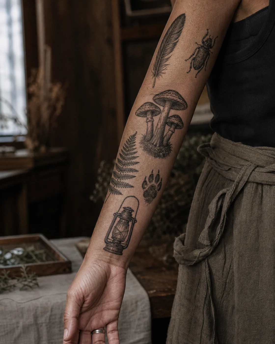 Engraving patchwork sleeve tattoo with woodland mushrooms, owl feather, beetle, fern, fox track, and old lantern on olive skin