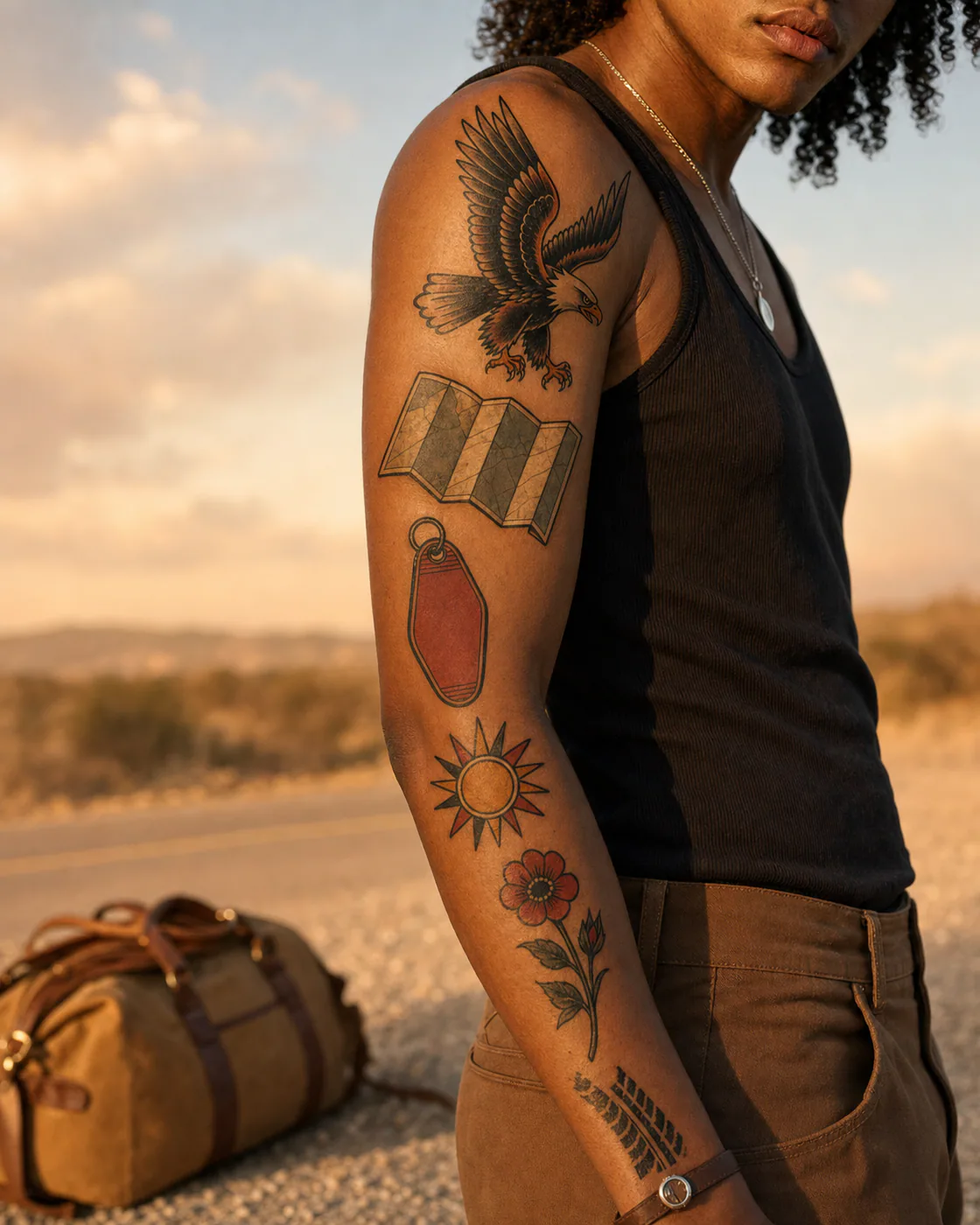 American traditional patchwork sleeve tattoo with a soaring eagle, folded map without labels, motel key shape, highway sun, wildflower, and tire track on deep skin
