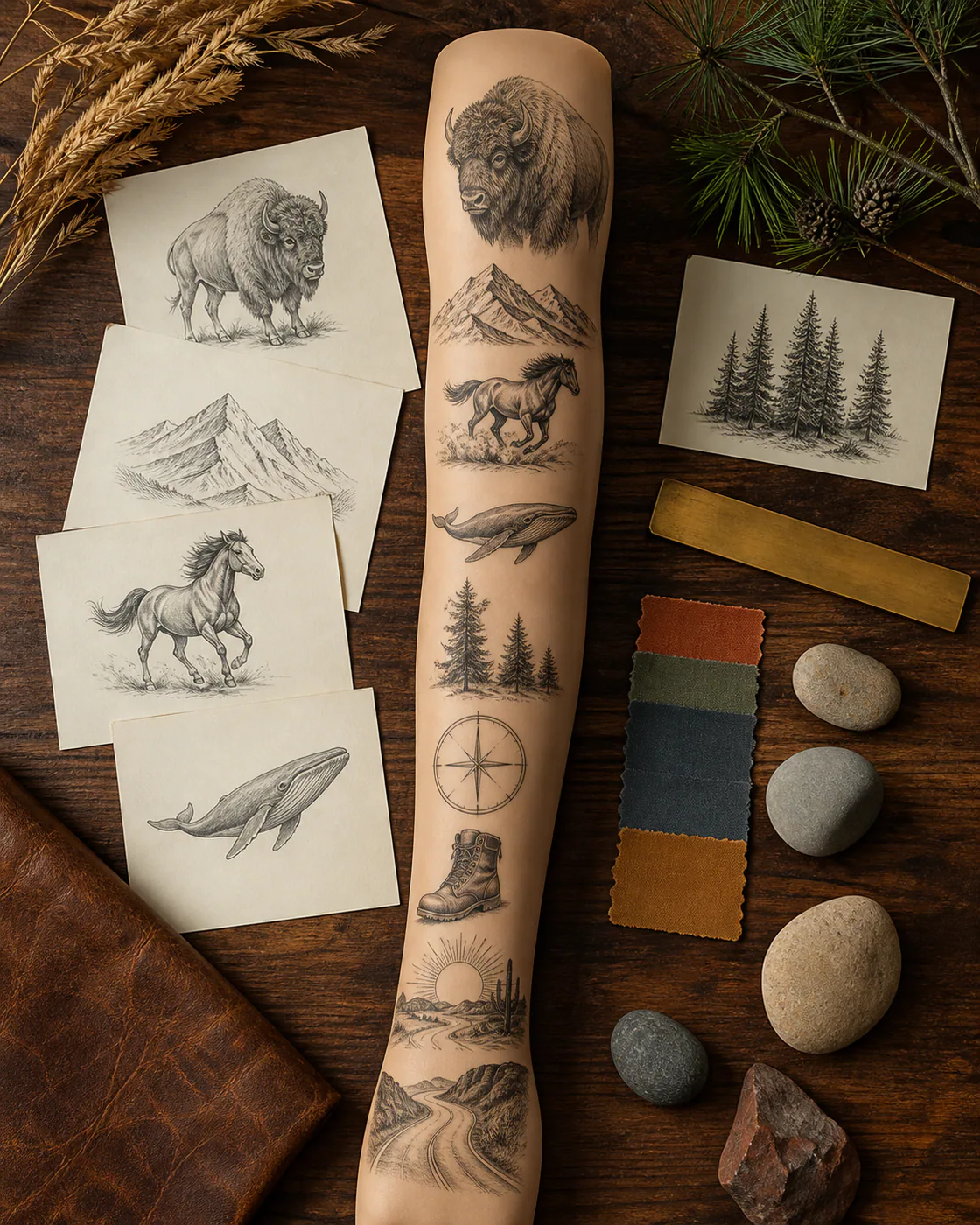 Patchwork sleeve tattoo layout board arranging bison, mountains, horses, whales, forest specimens, trail gear, and open-road symbols around an arm map