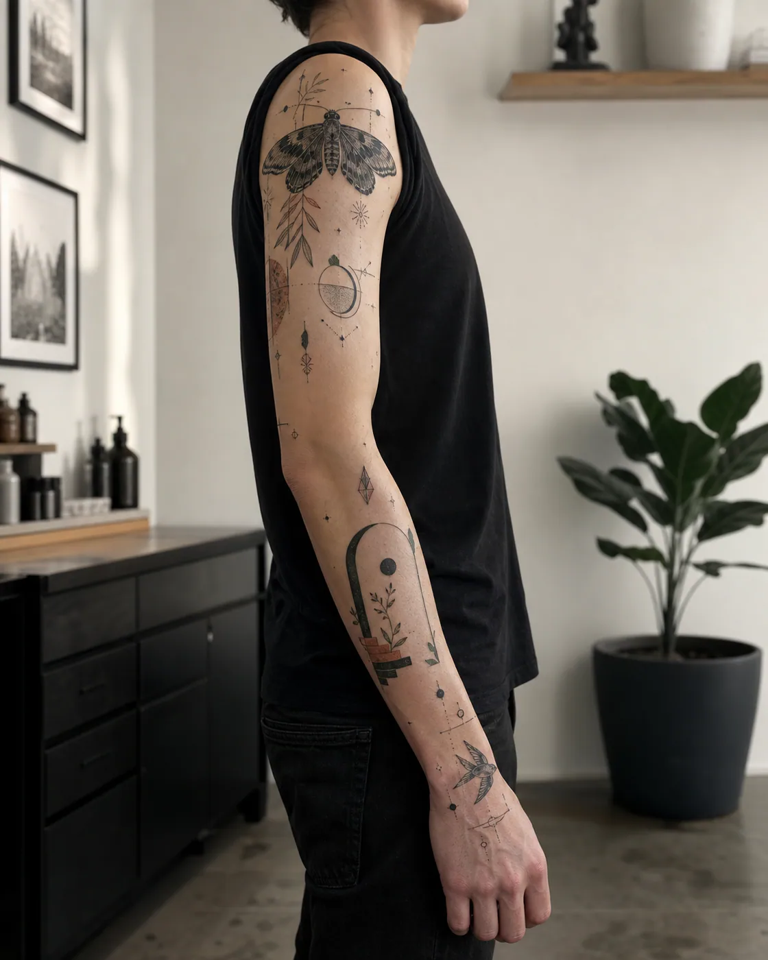 Patchwork sleeve tattoo spacing study on light skin with varied anchor shapes, measured skin gaps, open elbow space, and small geometric connectors