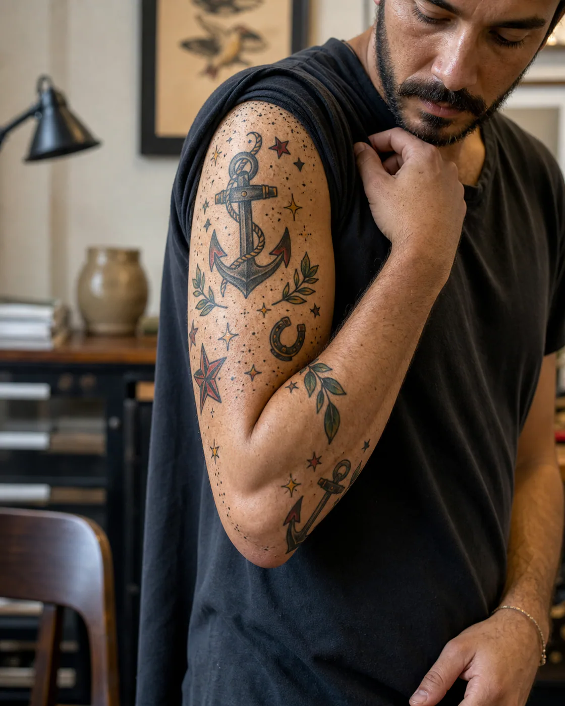 Bent-arm patchwork sleeve tattoo showing traditional stars, dots, tiny sparks, curved leaves, and open skin arranged carefully around the elbow on olive skin