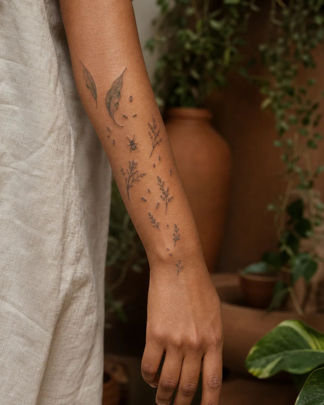 Fine-line patchwork sleeve tattoo on brown skin using curved leaves, seed dots, a tiny beetle, and narrowing sprigs to transition from forearm to wrist