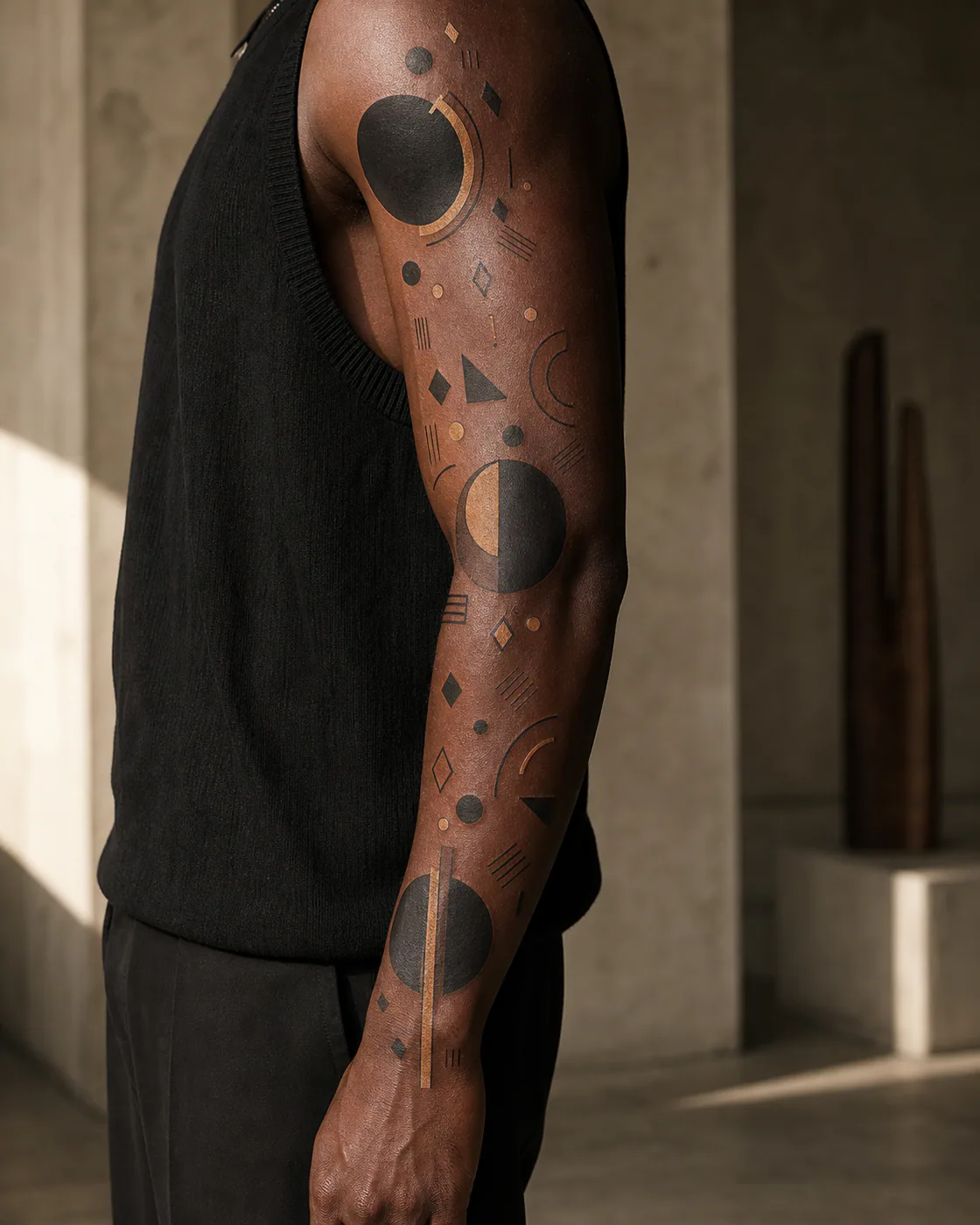 Geometric patchwork sleeve tattoo on deep skin with small diamonds, orbit arcs, black circles, radiating lines, and asymmetric gap fillers between larger pieces
