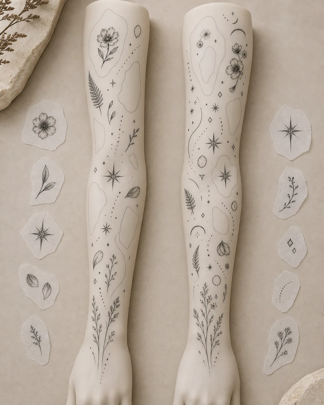Patchwork sleeve tattoo layout board comparing elbow stars, wrist sprigs, dotwork trails, geometric gaps, floral fragments, and protected negative space on arm diagrams